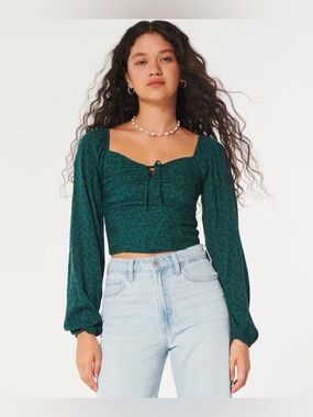 Hollister Teal XS Boho Ruched Long Sleeve Crop Top Whimsical Elegant Fairycore